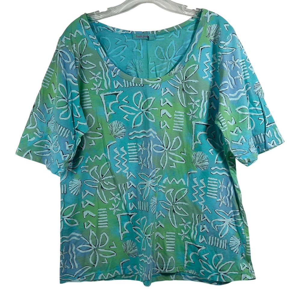 Fresh Produce Teal Green Tropical Shell Print Cotton T-Shirt XL Made in USA‎